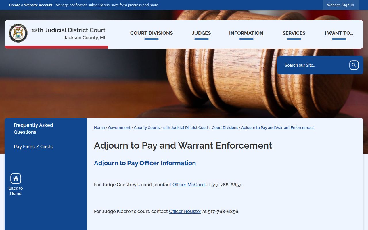 Jackson County court officer and warrant officer routing page for bench warrants