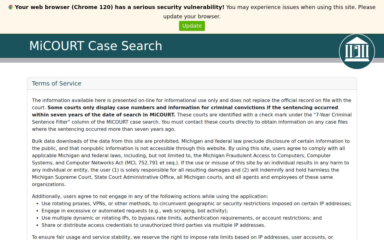 MiCOURT public case search page for Jackson County warrant lookup