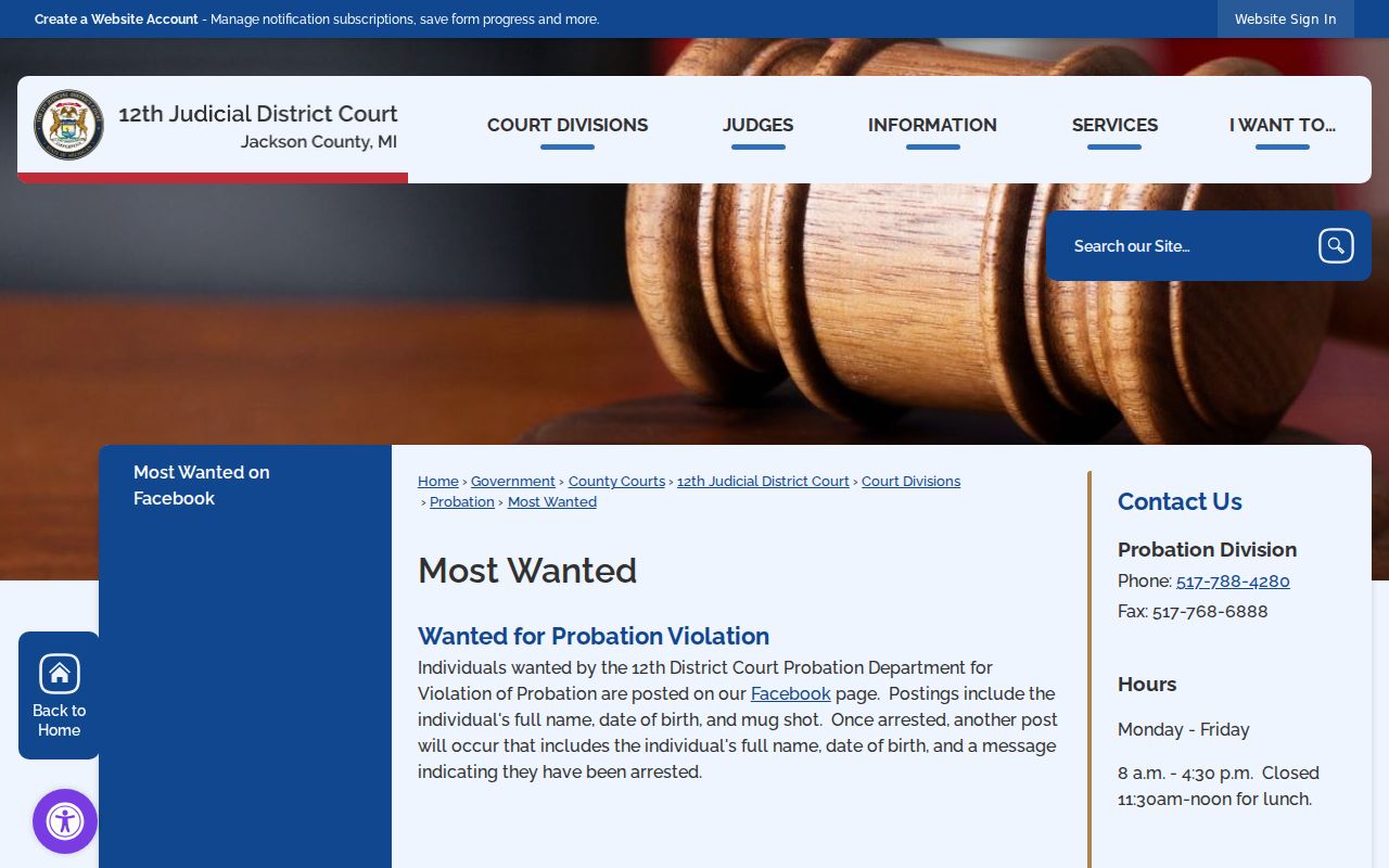 Jackson County court page linking most wanted and warrant lists