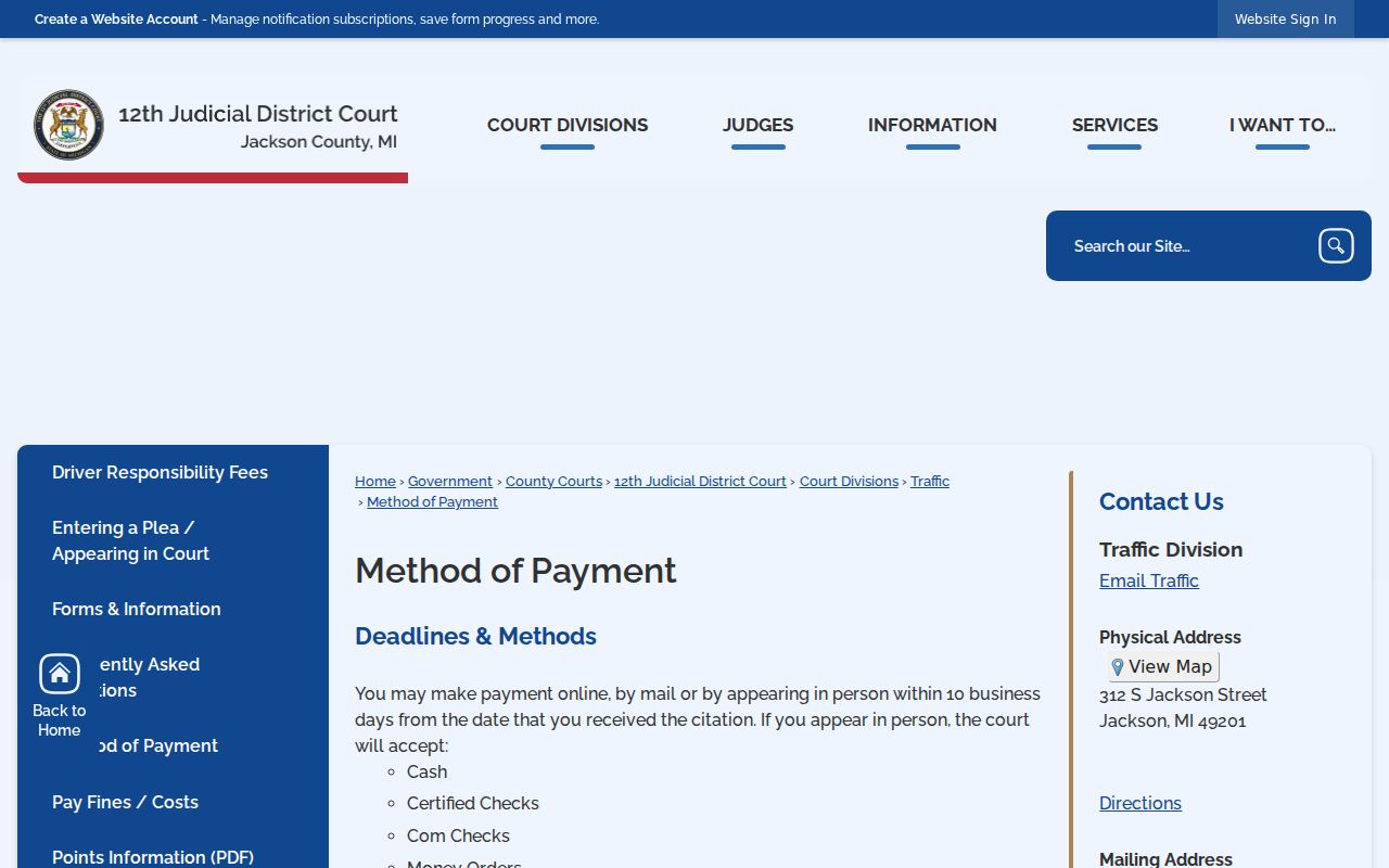 Jackson County traffic warrant payment methods and accepted instruments
