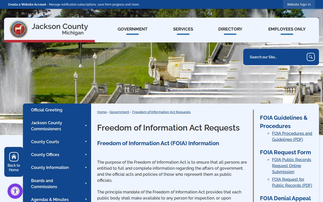 Jackson County sheriff FOIA request page for warrant record requests