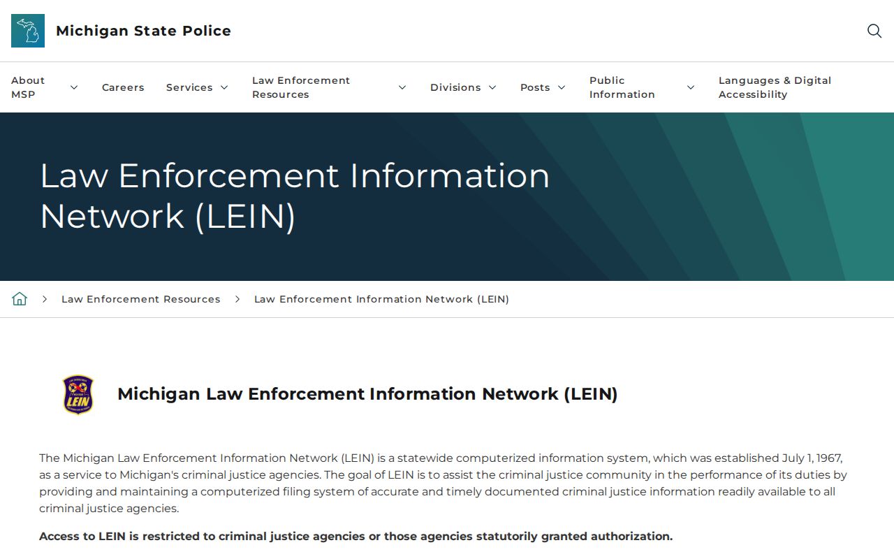 Michigan LEIN restricted system notice for Jackson County arrest warrant searches