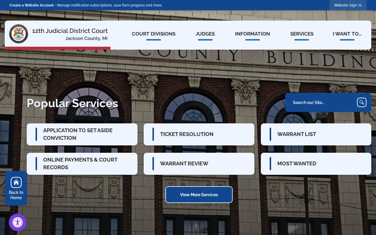 Jackson County 12th District Court page with warrant records links