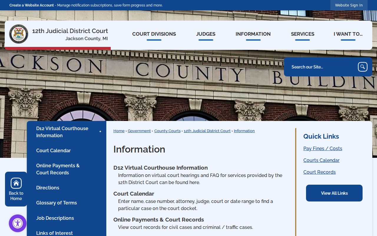 Jackson County court information page with outstanding warrant list navigation